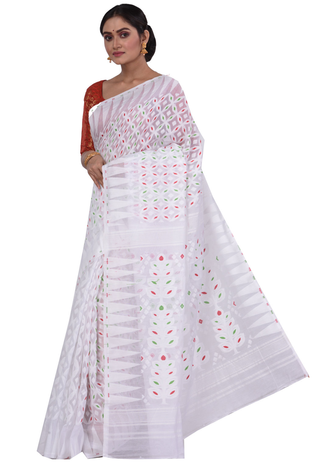 White Pure Cotton Minakari_Jmdni Jamdani Saree (694)